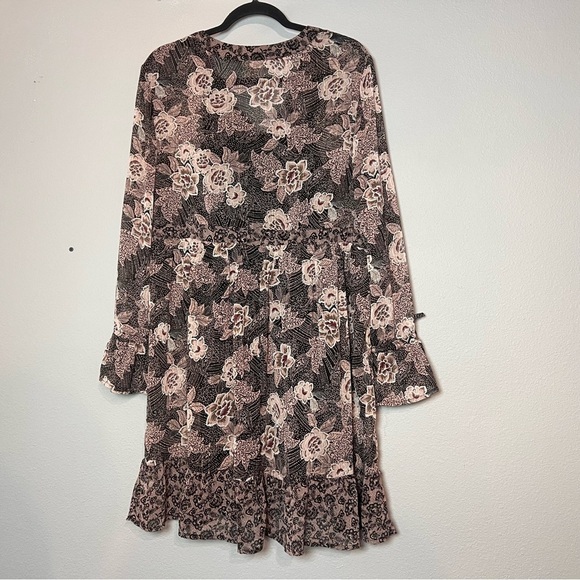 Knox Rose Mini Dress Floral Boho Long Sleeve V-Neck Size Large Brown - Picture 8 of 14